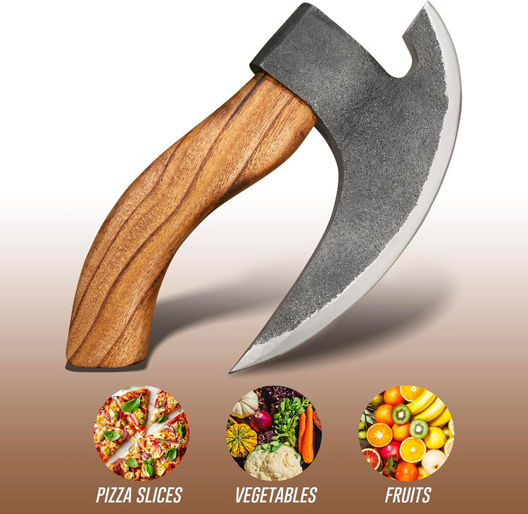 Handmade Viking Pizza Cutter Pizza Axe | Authentic Medieval Pizza Slicer with Ash Wooden Handle & Leather Sheath | Novelty Kitchen Tools for Pizza, Crust Cutting, and More
