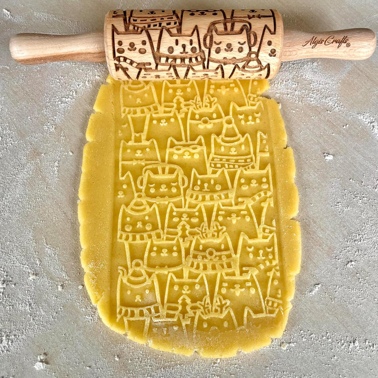 CATS 3 Mini Embossed Rolling Pin Set – Wooden Laser-Engraved Textured Rolling Pins for Cookies, Modeling Clay, Ceramics – Various Cat Patterns by Algis Crafts