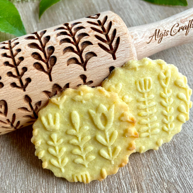 GARDEN BLOSSOMS 3 Small Size Embossed Rolling Pin Set. Wooden Laser Engraved Embossing Dough Roller for Embossed Cookies Gift for Birthday