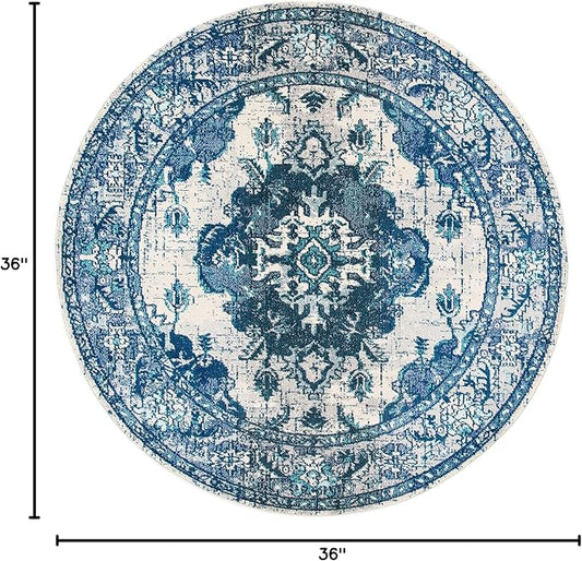 SAFAVIEH Monaco Collection Area Rug - 3' Round, Ivory & Blue, Non-Shedding & Easy to Clean, Distressed Medallion Design, Ideal for Living Room, Bedroom, Dining Space (MNC243A)