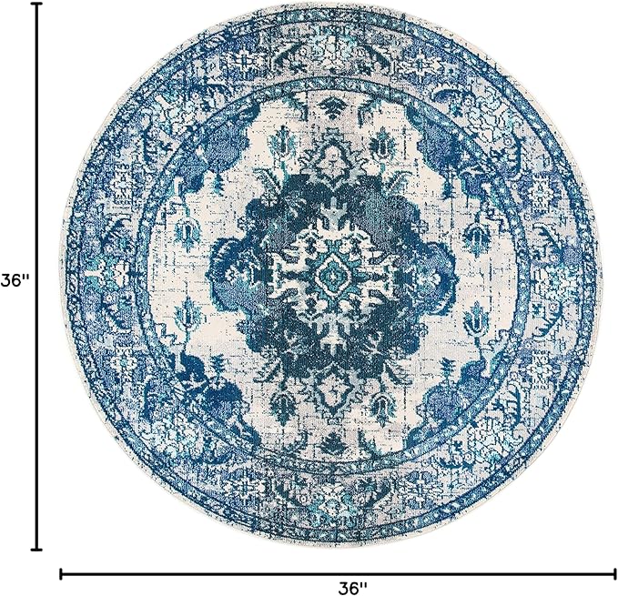 SAFAVIEH Monaco Collection Area Rug - 3' Round, Ivory & Blue, Non-Shedding & Easy to Clean, Distressed Medallion Design, Ideal for Living Room, Bedroom, Dining Space (MNC243A)