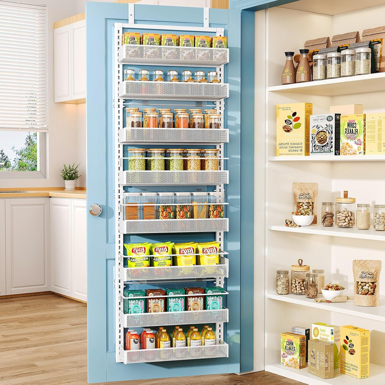 Over the Door Pantry Organizer - 8 Tier Adjustable Hanging Door Spice Rack, Large Capacity for Kitchen Pantry Storage (White)