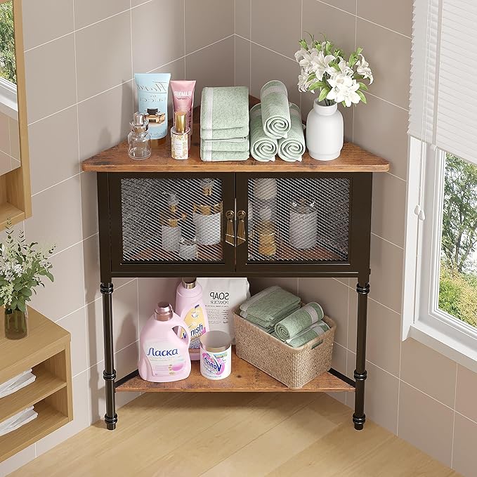 VECELO Corner Cabinet/Table, 3-Tier Display Shelves with Protection Door, Metal Frame Storage Shelf Organizer for Small Space, Living Room, Kitchen, Bathroom