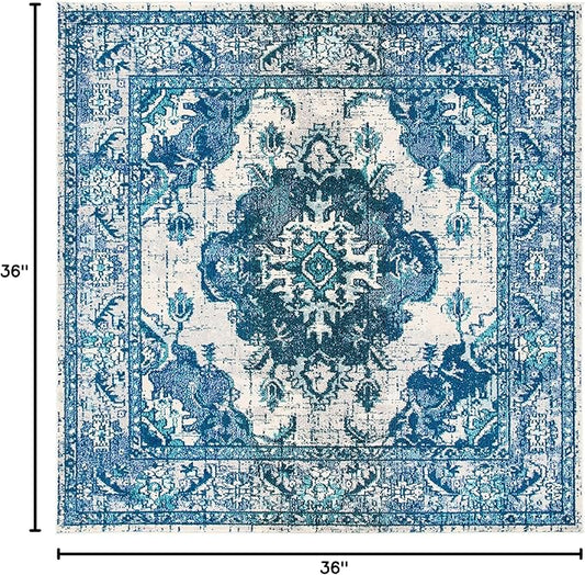 SAFAVIEH Monaco Collection Area Rug - 3' Square, Ivory & Blue, Non-Shedding & Easy to Clean, Distressed Medallion Design, Ideal for Living Room, Bedroom, Dining Space (MNC243A)