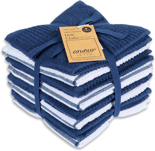 AMOUR INFINI Dish Cloths for Washing Dishes Set of 8 - Highly Absorbent, Super Soft Kitchen Dishcloths - Reusable Quick Dry Dish Rags for Cleaning & Drying Kitchen Linens (12x12 Inch - Blue) - Nestoria