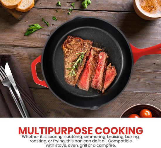 Utopia Kitchen Saute Frying Pan 12 Inch, Cast Iron Chefs Pan, Pre Seasoned Cast iron Skillet With Lid, Safe Grill Cookware for Indoor & Outdoor Use, Red - Nestoria