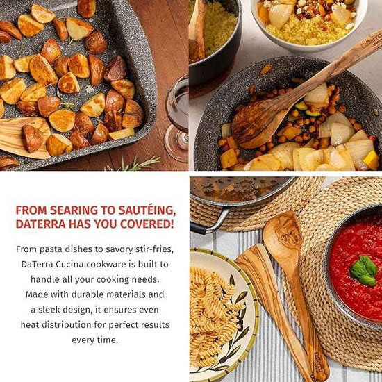 DaTerra Cucina Nonstick Italian Bundle – Roasting & Lasagna Pan, 11" Frying Pan with Lid, 5-Piece Olive Wood Cooking Utensils Set – Oven Safe, PTFE & PFOA Free - Made in Italy, Ceramic