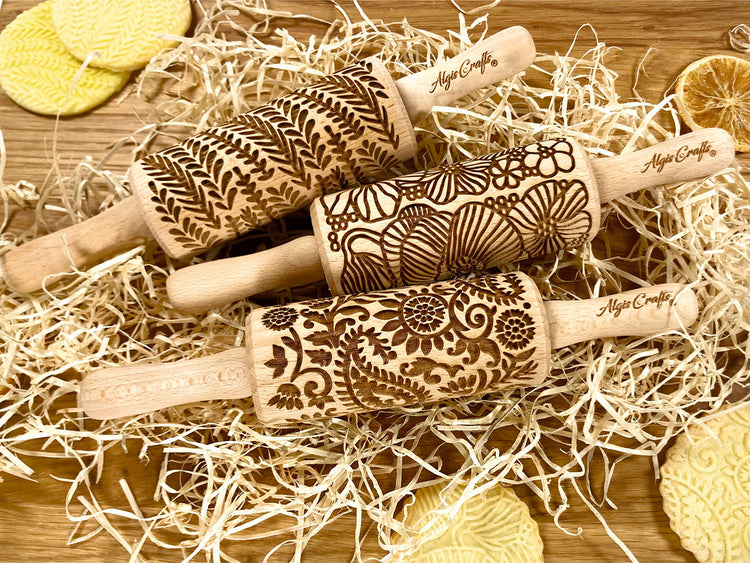 FLORAL 3 Small Textured Rolling Pin Set. Wooden laser engraved embossing dough roller for embossed cookies gift for Birthday