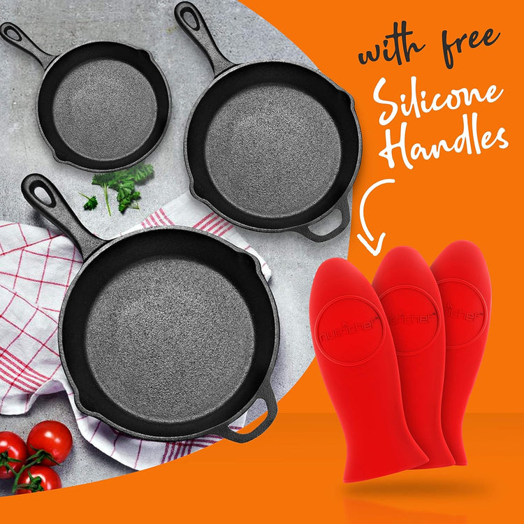 NutriChef 3pc Cast Iron Skillet Set - Nonstick Pans with Drip Spout, Silicone Handles, For All Cooktops - Nestoria