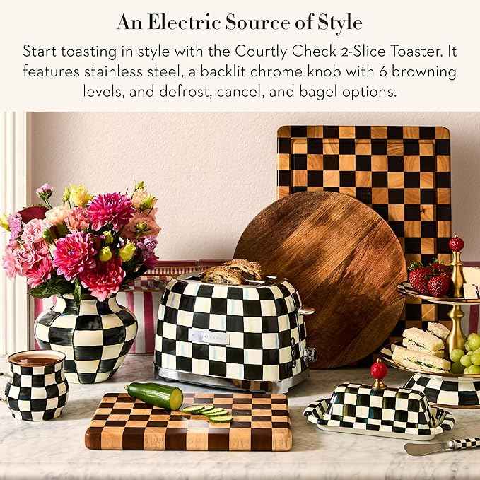 MACKENZIE-CHILDS Stainless-Steel Electric Kettle Bundle with Stainless-Steel 2-Slice Toaster, Black-and-White Courtly Check