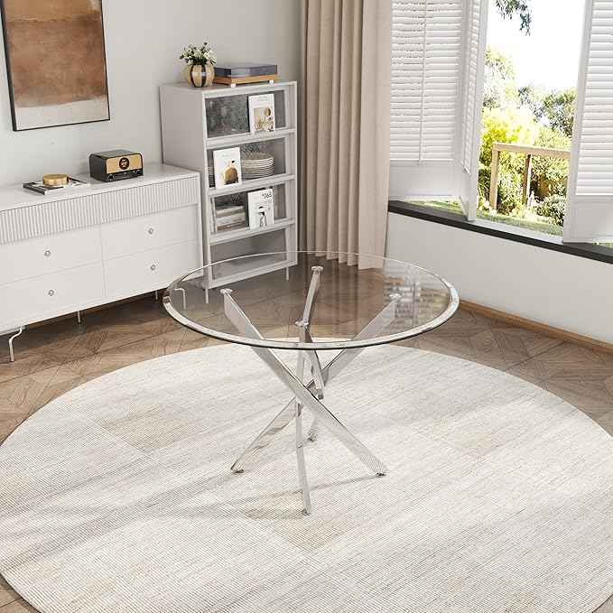 AF ARTISAN FURNITURE 5 Piece Round Glass Dining Table Set, Silver Glass Kitchen Table Set for 4 Modern Table Set with 4 Grey PU Upholstered Dining Chairs, for Small Space, Breakfast Nook