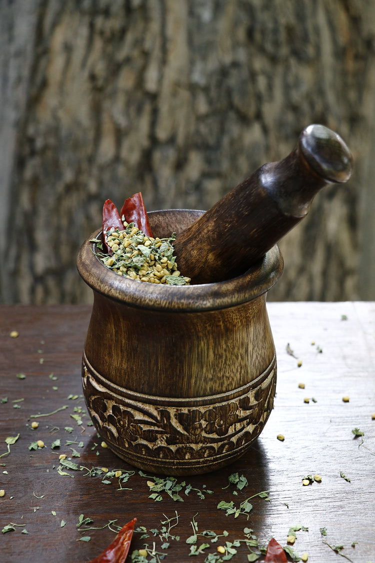 Wooden Carved Mortar and Pestle