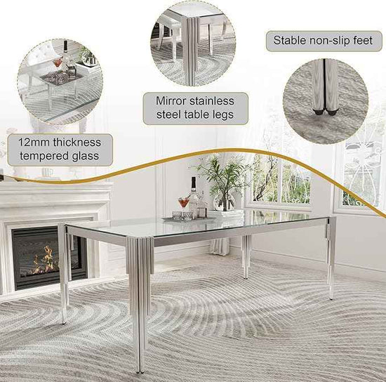 78'' Modern Glass Dining Table for 6-8 People,Tempered Glass Top Dining Room Table with Stainless Steel Base, Glass and Silver Dining Table for 6, Rectangle Dining Kitchen Table for Dinner