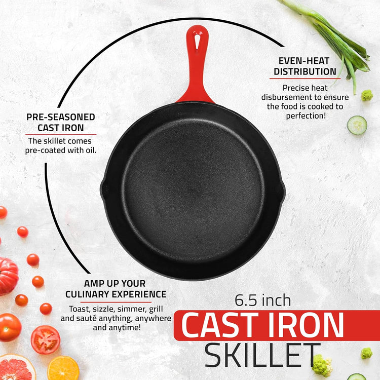 Utopia Kitchen Saute Frying Pan 6.5 Inch, Cast Iron Chefs Pan, Pre Seasoned Cast iron Skillet, Safe Grill Cookware for Indoor & Outdoor Use, Red - Nestoria