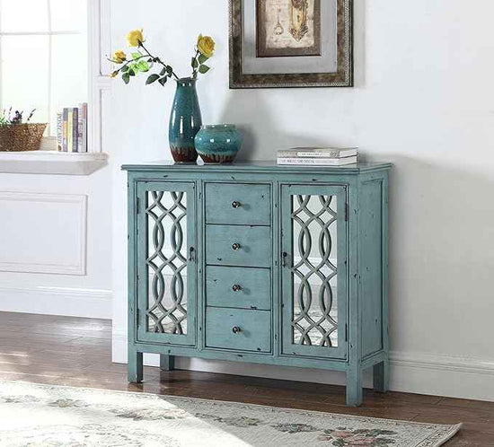 Coaster Home Furnishings - Rue - 4-Drawer Wood Accent Cabinet with Farmhouse Style, Trellis Pattern, Doors & Shelves - Living Room, Entryway & Home Kitchen - Blue - 950736