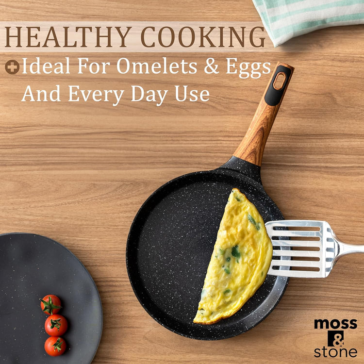 Moss & Stone 9.5 Inch Nonstick Crepe Pan with Spreader, Dosa Pan for Roti Dosa Tawa Comal Para Tortillas, Ceramic Flat Skillet Pan Induction Compatible, Pancake Pan for Stove Top - Black