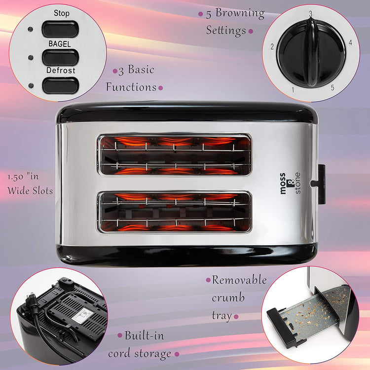 Moss & Stone 2 Slice Toaster, 1.5in Extra-Wide Slot For Bagel & Defrost with 5 Shade Settings, Bread Toaster 2 Slice With Removable Crumb Tray, Black