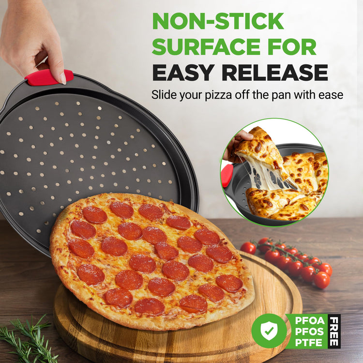 2-Piece 13-Inch Nonstick Pizza Tray, Round Carbon Steel Non-Stick Pizza Pan with Perforated Holes, Premium Bakeware Pizza Screen with Silicone Grip Handles, Dishwasher Safe, NCBPIZX2 (2 Count)