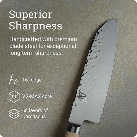 Shun Premier Blonde 7" Santoku Knife, Handcrafted and Hand-Sharpened Japanese All Purpose Knife, VG-MAX Core with Damascus Stainless Steel Cladding, Pakkawood Handle, Versatile Japanese Cutting Tool
