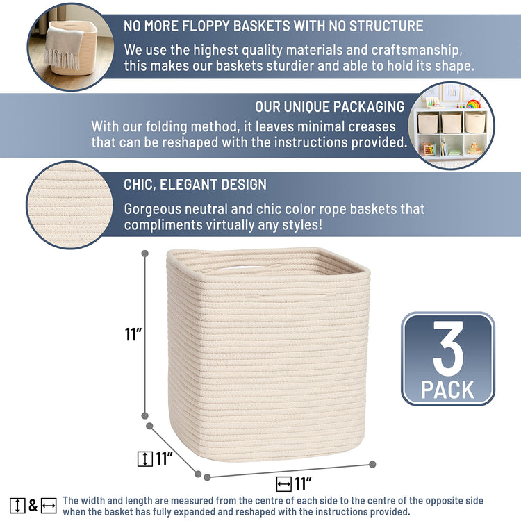 Storage Cubes 11 Inch Cotton Rope Woven Baskets for Organizing (3 Count)