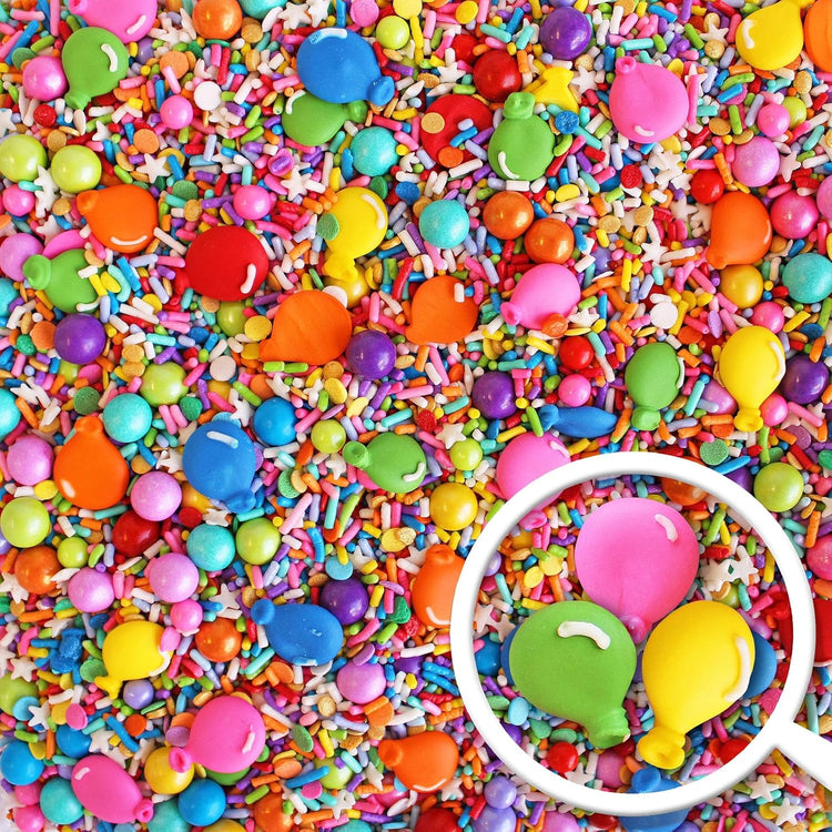 Sprinkle Pop Rainbow Birthday Sprinkle Mix| Red Orange Yellow Iridescent Rainbow Sprinkles with ~12 Royal Icing Balloons| Decorating Sprinkles Made in USA for Girl Boy Cakes Cupcakes Cookie Donut, 4oz