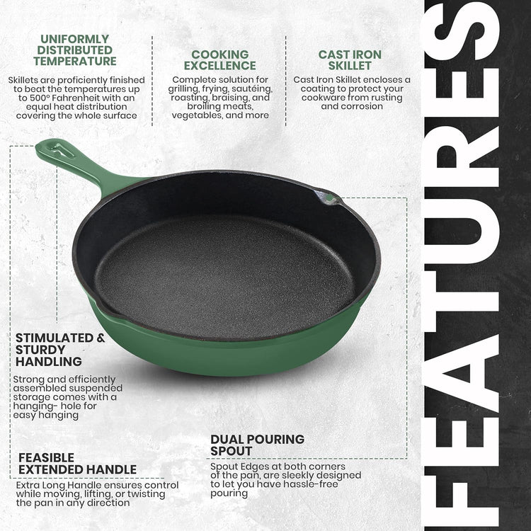 Utopia Kitchen Cast iron Skillets 3 Piece Set, Chefs Pan, Pre Seasoned Cast iron Skillets, 6, 8 & 10 Inches, Easy Use in the Oven, Stove, Grill, or Campfire, Green - Nestoria