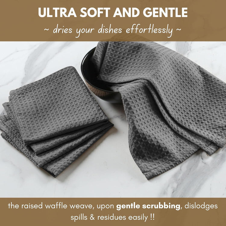Native Fab Cotton Kitchen Towel with Hanging Loop 16x26 inches, 4-Pack, Waffle Weave Kitchen Towels for Cleaning Drying, Washcloths Soft & Absorbent Cloth Rags, Bar Towel, Dish Cloth, Grey - Nestoria