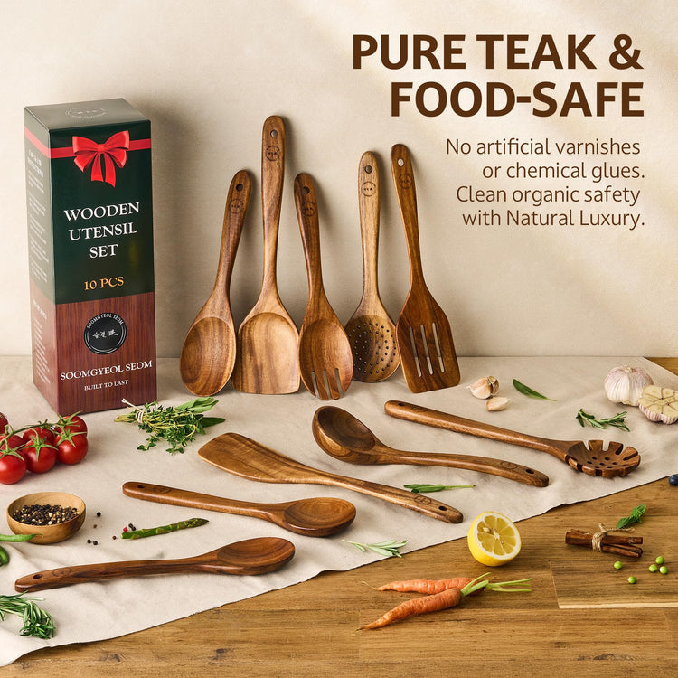 10 Piece Teak Wood Cooking Utensil Set (10 Count)