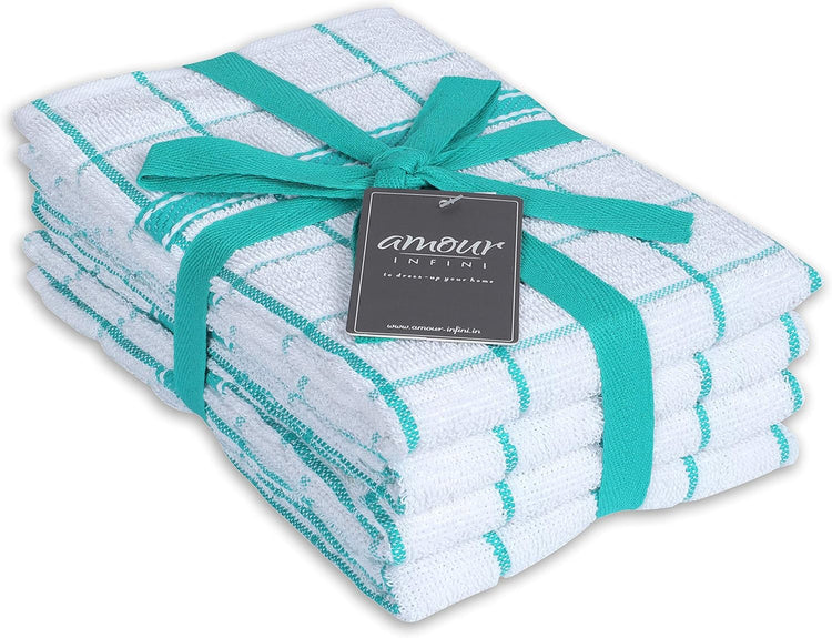 AMOUR INFINI Terry Cotton Kitchen Towels 4-Pack - Large 18 x 28 Inch, Absorbent & Soft Dish Towel with Hanging Loop, Washable Ideal for Cleaning, Drying (Teal) - Nestoria