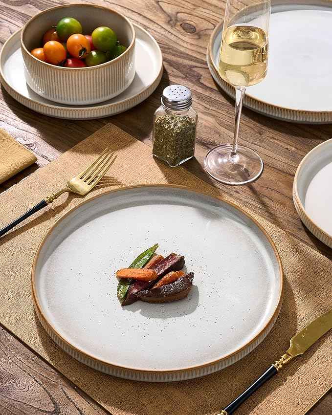 24-Piece Dinnerware Set for 8, Famiware Premium Stoneware Dish Set with Ribbed Plates and Deep Bowls, Double Reactive Glaze, Chip & Scratch Resistant, Microwave & Dishwasher Safe, Cappuccino White