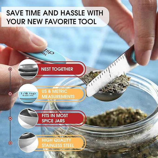 Spring Chef Stainless Steel Magnetic Measuring Spoons Set of 8 with Leveler, Nesting Metal Teaspoon & Tablespoon Measuring Spoons, Fits in Spice Jars, Kitchen Gadgets for Baking & Cooking - Aqua Sky