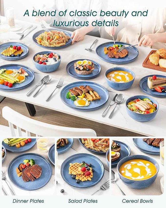 vancasso ANYA 24 Pieces Plates and Bowls Set, Blue Dinnerware Sets, Reactive Glaze Dishes Set for 8, Ceramic Dishware Sets Kitchen Dinner Set, Microwave & Dishwasher Safe