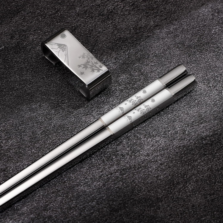 Metal Chopsticks Reusable 2 Pairs Titanium Plated 18/8 Stainless Steel Chopsticks with Holder, Dishwasher Safe Non-Slip Japanese Style Laser Engraved Chop Sticks Gift Set (Silver)