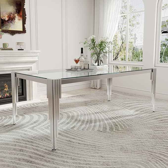 78'' Modern Glass Dining Table for 6-8 People,Tempered Glass Top Dining Room Table with Stainless Steel Base, Glass and Silver Dining Table for 6, Rectangle Dining Kitchen Table for Dinner
