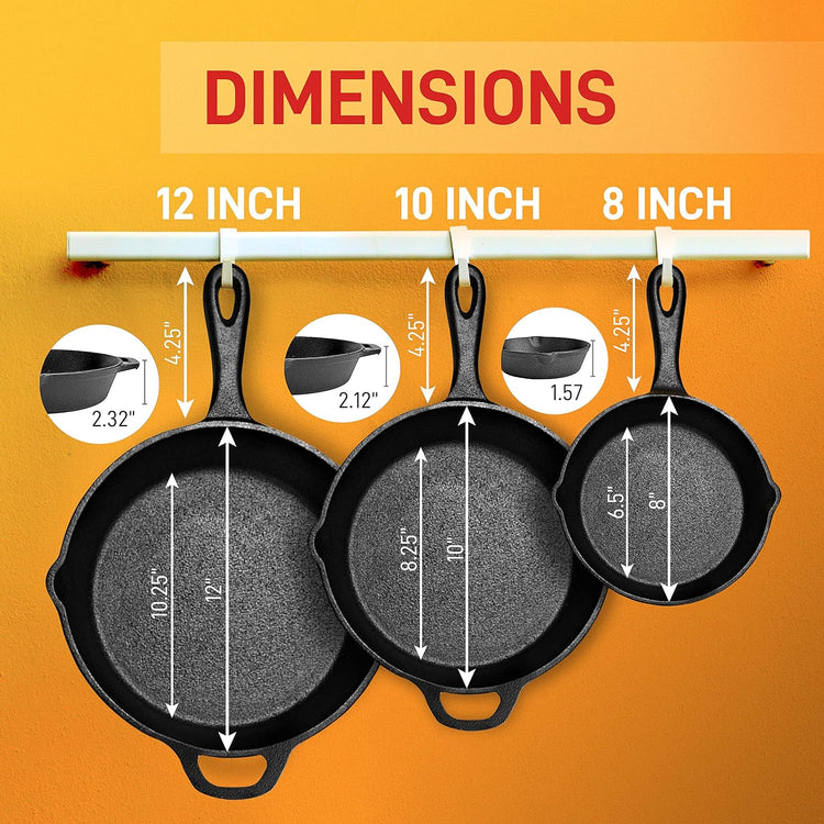 NutriChef 3pc Cast Iron Skillet Set - Nonstick Pans with Drip Spout, Silicone Handles, For All Cooktops - Nestoria