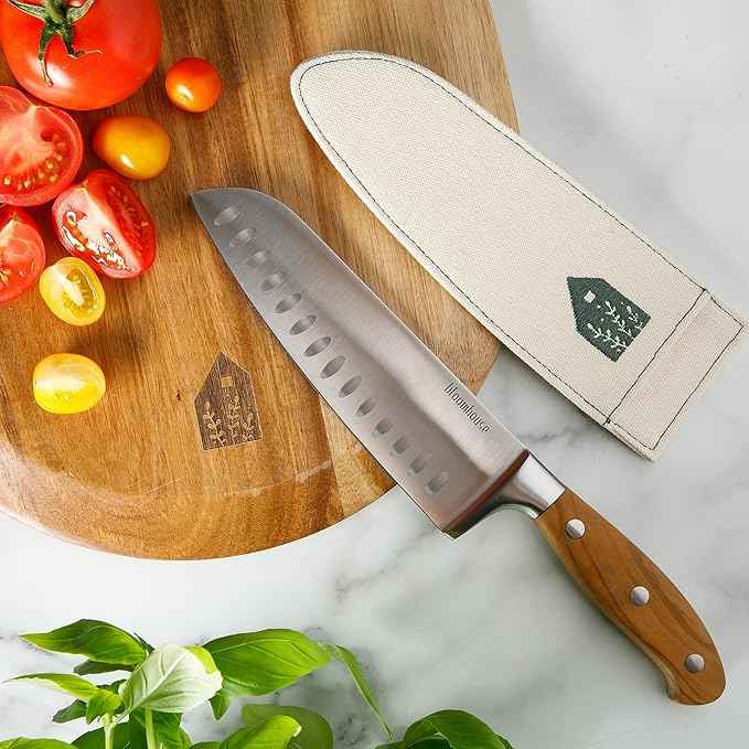 Bloomhouse - Two Time Oprah's Favorite Things Winner - 7-Inch Santoku Knife – German Stainless Steel Blade with Forged Italian Olive Wood Handle, Full Tang Kitchen Knife for Slicing Dicing & Mincing