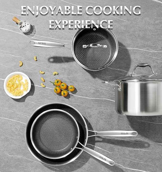 KOCH SYSTEME CS Triply Stainless Steel Cookware Set 10PCS, Nonstick Hybrid Pots and Pans Set, Nontoxic Kitchen Cookware Set with Honeycomb Interior, Pots and Pans Set Non Stick, Induction Compatible