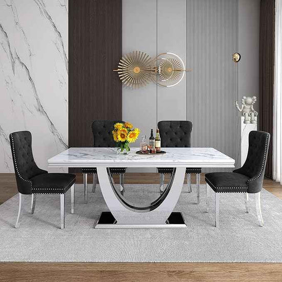 Marble Dining Table Set for 6,70" White Faux Marble Kitchen Tables and Velvet Chairs for 6,7 Piece Luxury Dining Room Table Set and 6 Upholstered Chairs with Silver Stainless Steel Bases
