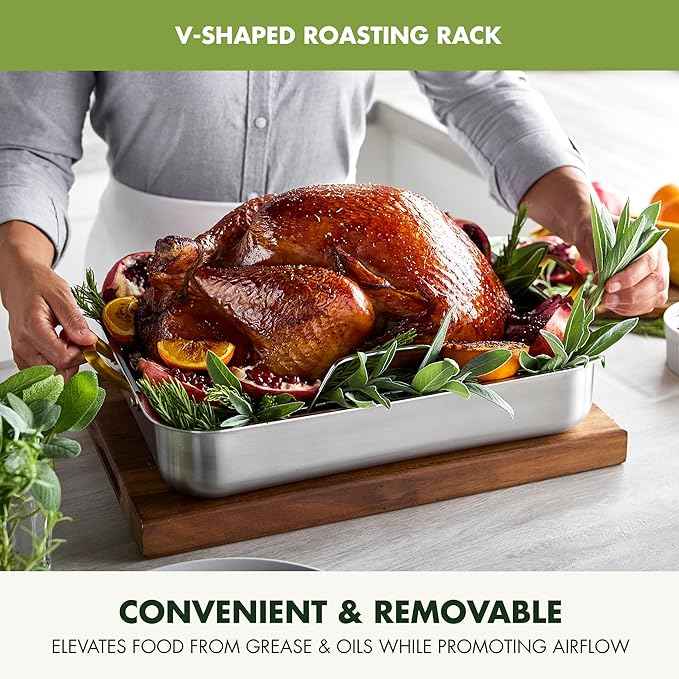 GreenPan Reserve 16" x 13" Tri-Ply Stainless Steel Roasting Pan with Roaster Rack, Multiclad Cookware, Induction Suitable, Gold Stainless Steel Handles, Dishwasher & Oven Safe, Silver