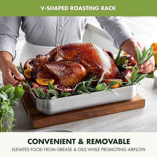 GreenPan Reserve 16" x 13" Tri-Ply Stainless Steel Roasting Pan with Roaster Rack, Multiclad Cookware, Induction Suitable, Gold Stainless Steel Handles, Dishwasher & Oven Safe, Silver
