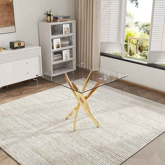 AF ARTISAN FURNITURE 5 Piece Square Glass Dining Table Set, Gold Glass Kitchen Table Set for 4 Modern Table Set with 4 Grey PU Upholstered Dining Chairs, for Small Space, Breakfast Nook