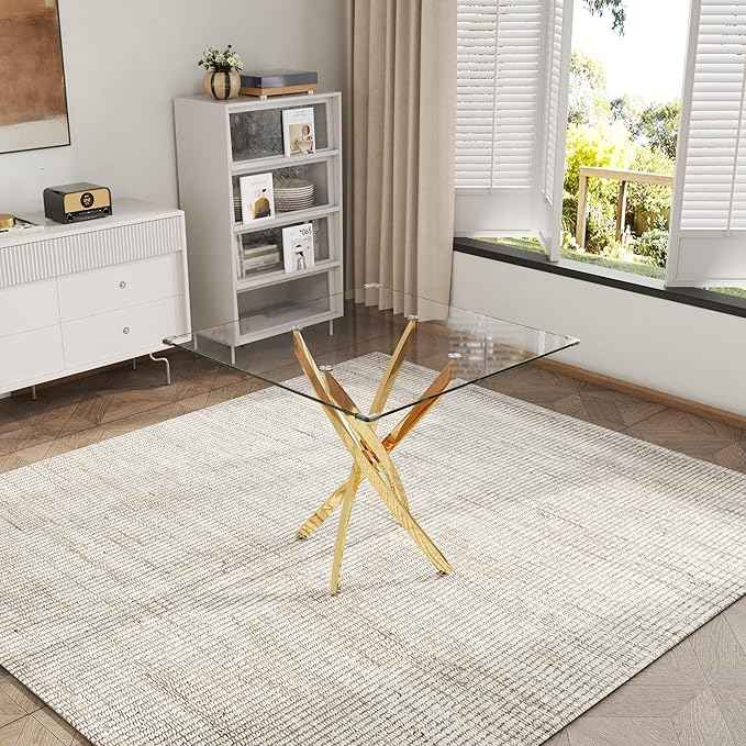 AF ARTISAN FURNITURE 5 Piece Square Glass Dining Table Set, Gold Glass Kitchen Table Set for 4 Modern Table Set with 4 Black PU Upholstered Dining Chairs, for Small Space, Breakfast Nook