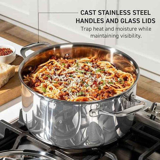 T-Fal Pro Tri-Ply Stainless Steel Large Dutch Oven Pot with Lid, 6 Quart Induction Pot, Oven Safe 500F, Lid 350F, Fast & Even Heat, Professional Quality & Durability, Silver
