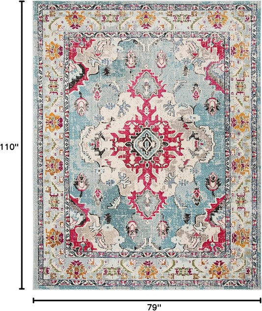 SAFAVIEH Monaco Collection Area Rug - 6'7" x 9'2", Light Blue & Fuchsia, Non-Shedding & Easy to Clean, Distressed Medallion Design, Ideal for Living Room, Bedroom, Dining Space (MNC243J)