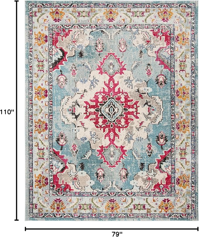 SAFAVIEH Monaco Collection Area Rug - 6'7" x 9'2", Light Blue & Fuchsia, Non-Shedding & Easy to Clean, Distressed Medallion Design, Ideal for Living Room, Bedroom, Dining Space (MNC243J)