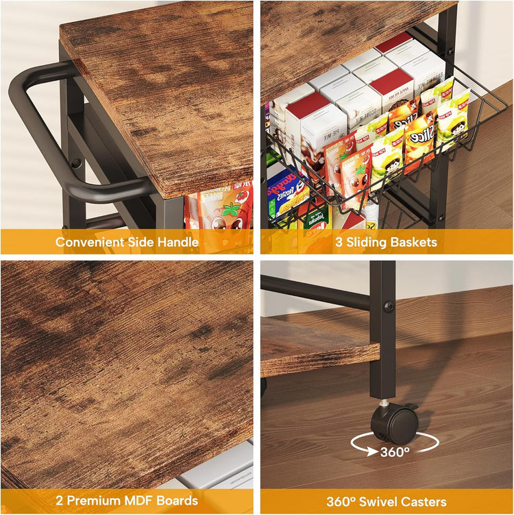 5-Tier Snack Organizer Cart with 3 Height Adjustable Pull-Out Baskets and 2 Storage Shelves, Utility Kitchen Organizer and Storage Cart with Convenient Handle for Fruit Potato Onion Vegetable Snack
