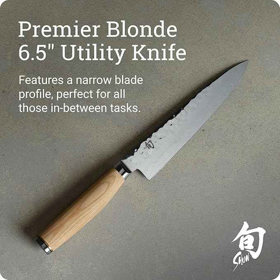 Shun Premier Blonde 6.5" Utility Knife, Handcrafted Japanese Knife, VG-MAX Core with Damascus Stainless Steel Cladding, Pakkawood Handle, Precision and Sharpness for Professional and Home Chefs