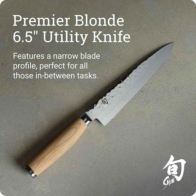 Shun Premier Blonde 6.5" Utility Knife, Handcrafted Japanese Knife, VG-MAX Core with Damascus Stainless Steel Cladding, Pakkawood Handle, Precision and Sharpness for Professional and Home Chefs