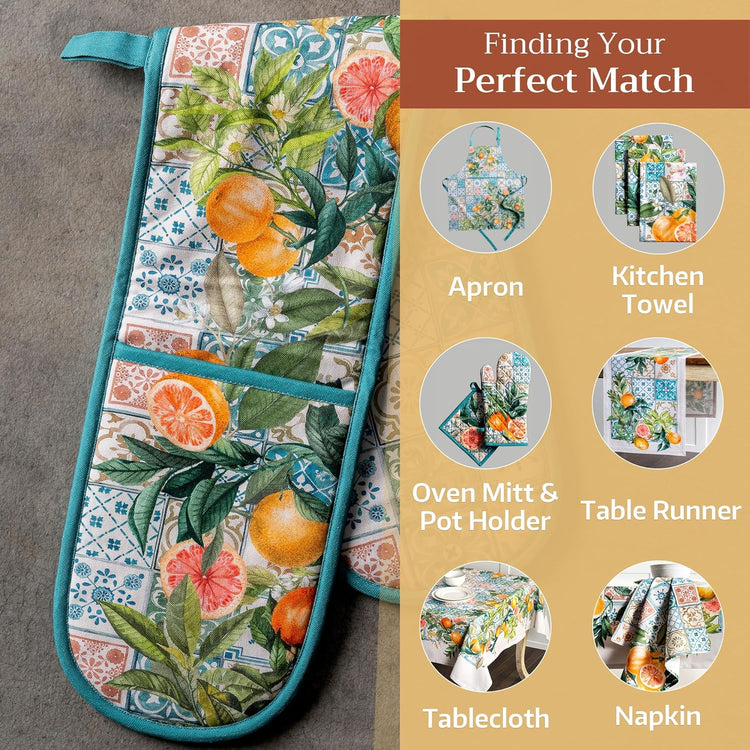 Maison d' Hermine Double Oven Mitts 100% Cotton 7"x35" Double Oven Mitt Heat Resistant BBQ Cooking Gloves with Loop, Baking, Grilling, Home, Kitchen, Handling Hot Pans Spring Summer (Agrume)