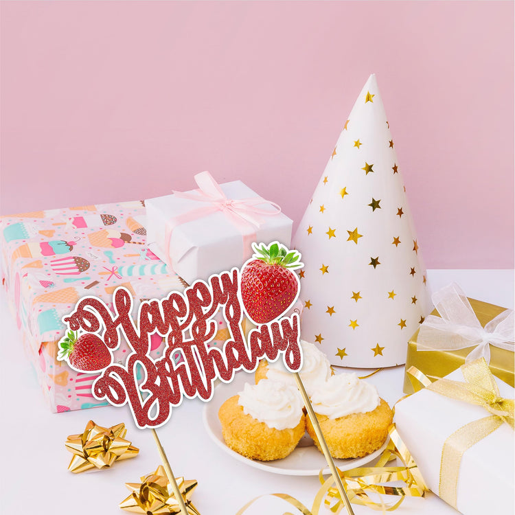 Real Strawberry Happy Birthday Cake Topper